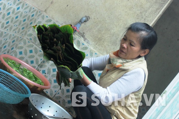 Mẹ của Tiến, cô Hoàng Thị Thanh tranh thủ về nhà muối ít dưa hành, rửa lá rong nhờ cậu gói bánh chưng đón Tết.