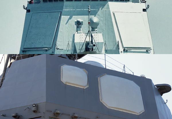 Cận cảnh mảng an-ten radar của Type-052D(ở trên) và mảng an-ten băng tần kép của Akizuki(ở dưới)