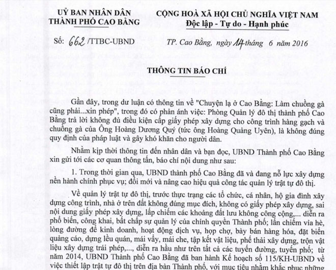 Thông tin mới nhất về vụ làm chuồng gà phải xin phép ở Cao Bằng - Ảnh 1.