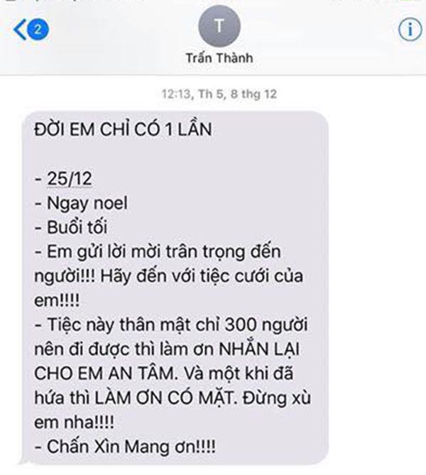 Đọc tin nhắn mời cưới chỉ gửi 300 người đầy hài hước của Trấn Thành