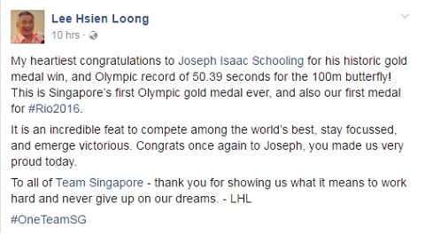 Phát sốt với lời chúc mừng Joseph Schooling của Thủ tướng Singapore Lý Hiển Long - Ảnh 1.