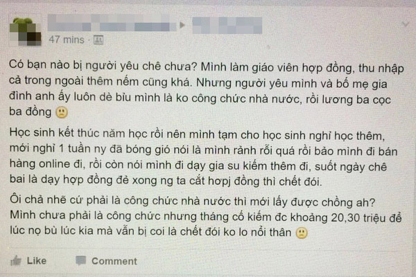 Giáo viên hợp đồng thu nhập tháng 30 triệu vẫn bị nhà người yêu chê bai, dè bỉu - Ảnh 1.