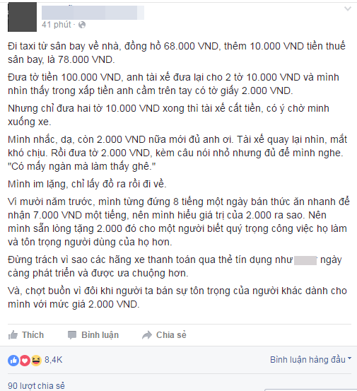 2.000 đồng khách đi taxi yêu cầu được trả lại và thái độ tài xế: Có mấy ngàn mà làm thấy ghê - Ảnh 1.