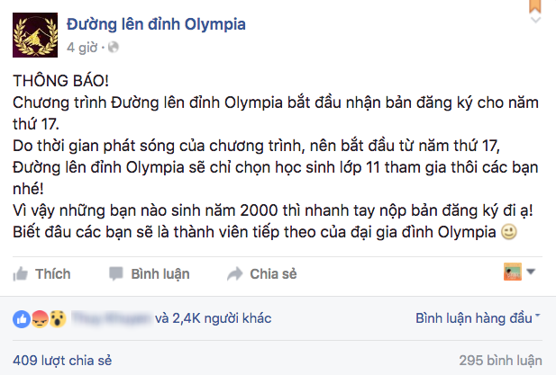 Đột ngột thông báo sẽ chỉ chọn HS lớp 11 tham gia, Đường lên đỉnh Olympia đang khiến nhiều học sinh lớp 12 bức xúc - Ảnh 1.