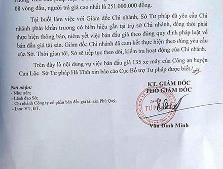 Hà Tĩnh: Báo cáo Bộ Tư pháp về vụ “nhập nhèm” bán đấu giá 135 xe máy của công an - Ảnh 2.