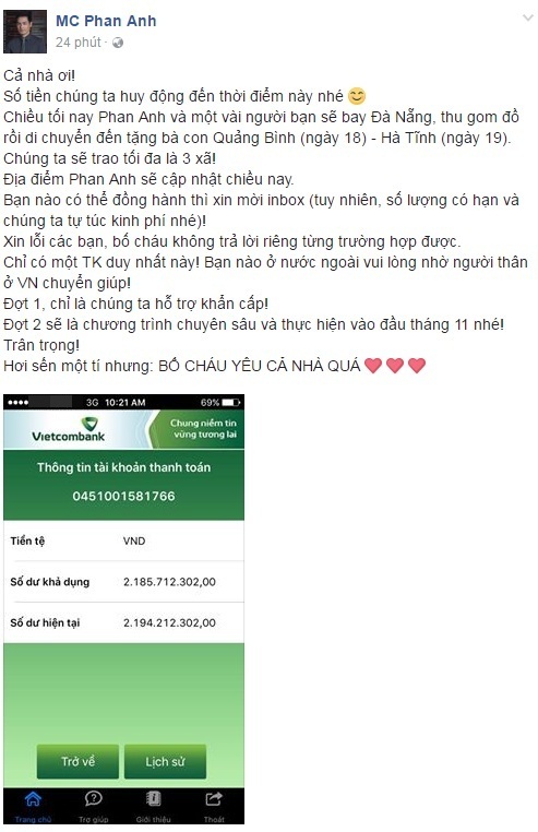 Việt Nam nói là làm đây này, MC Phan Anh đã kêu gọi giúp đỡ đồng bào lũ lụt miền Trung được 2,2 tỉ! - Ảnh 1.