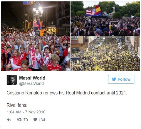 CĐV Barca ăn mừng vì... Ronaldo kí hợp đồng mới với Real - Ảnh 1.