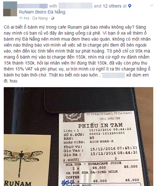 Khách phàn nàn vì bị tính phụ thu 150k khi mang bánh mỳ vào quán cafe Runam, NTK Lý Quí Khánh nói gì? - Ảnh 1.