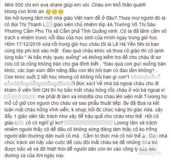 Quảng Ninh: Học sinh lớp 4 bị bạn dùng bút chọc thủng mắt ở trường, giáo viên chủ nhiệm thờ ơ? - Ảnh 1.