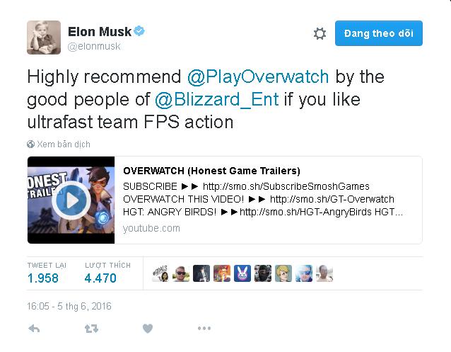 Tỷ phú Elon Musk khuyên bạn nên chơi game Overwatch - Ảnh 1.