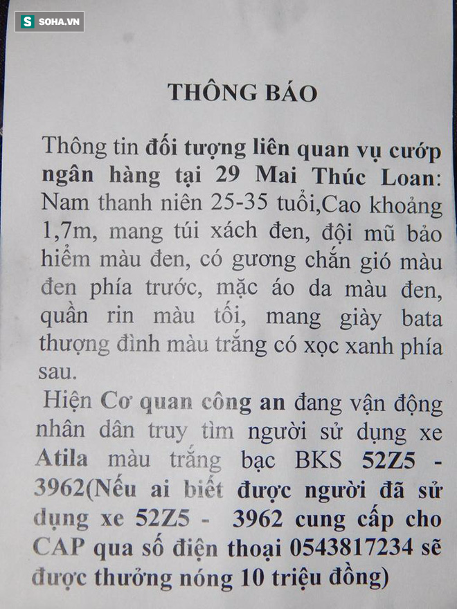 Công an treo thưởng 10 triệu đồng để truy tìm kẻ cướp ngân hàng ở Huế - Ảnh 1.