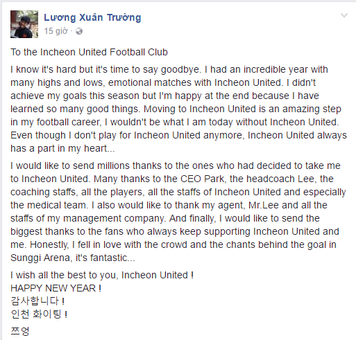 Xuân Trường gây sốt khi viết thư chia tay Incheon United bằng tiếng Anh - Ảnh 1.
