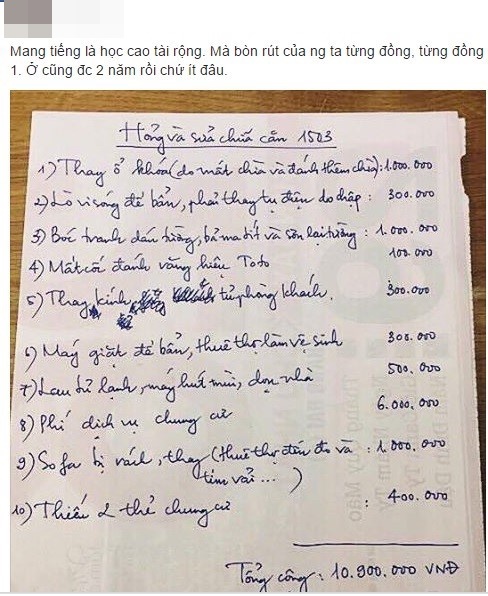 Sau khi trả phòng trọ, nữ sinh phải đền bù gần 11 triệu đồng  - Ảnh 1.