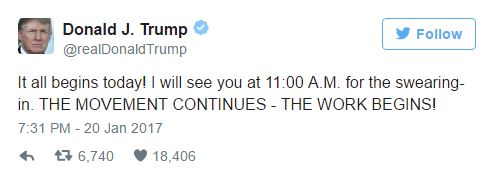 Ông Trump đăng dòng tweet đầu tiên trong ngày nhậm chức: Tất cả bắt đầu hôm nay! - Ảnh 1.