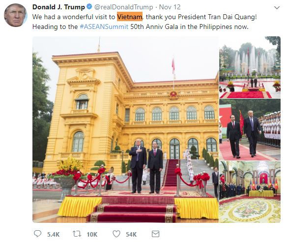 Rời Hà Nội 2 ngày, ông Trump tiếp tục cảm ơn Việt Nam và Chủ tịch nước Trần Đại Quang - Ảnh 2.