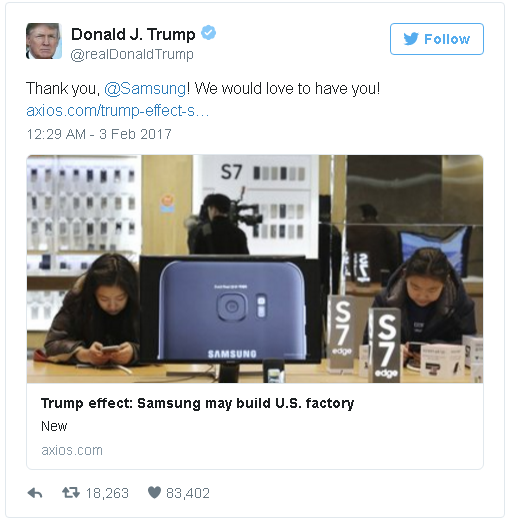 Tổng thống Donald Trump cám ơn Samsung vì điều mà Apple chưa làm được - Ảnh 1.