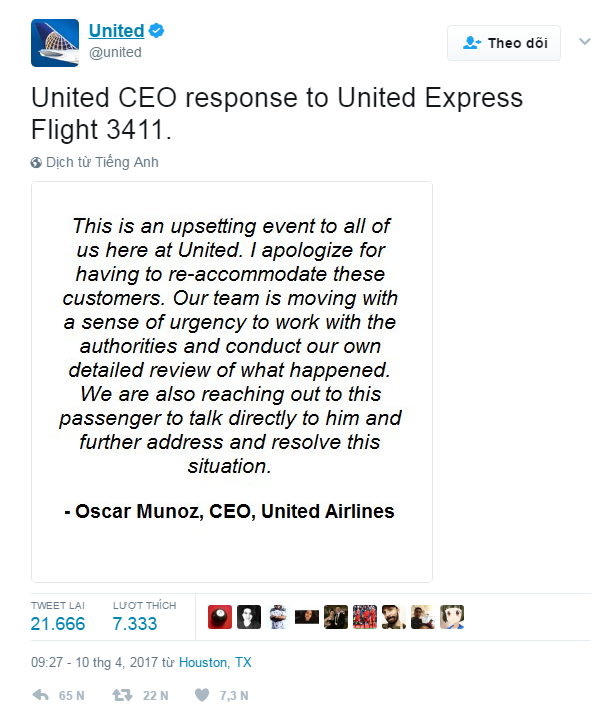 Lời xin lỗi của CEO gây hiệu ứng ngược, giá cổ phiếu của hãng United Airlines giảm 1,4 tỷ đô - Ảnh 1.