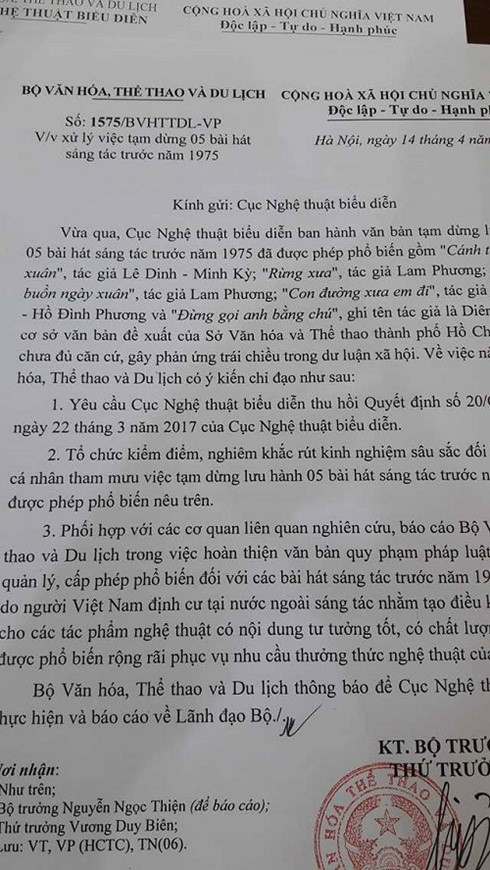 Cục NTBD thu hồi quyết định tạm dừng lưu hành 5 ca khúc trước 1975 - Ảnh 1.