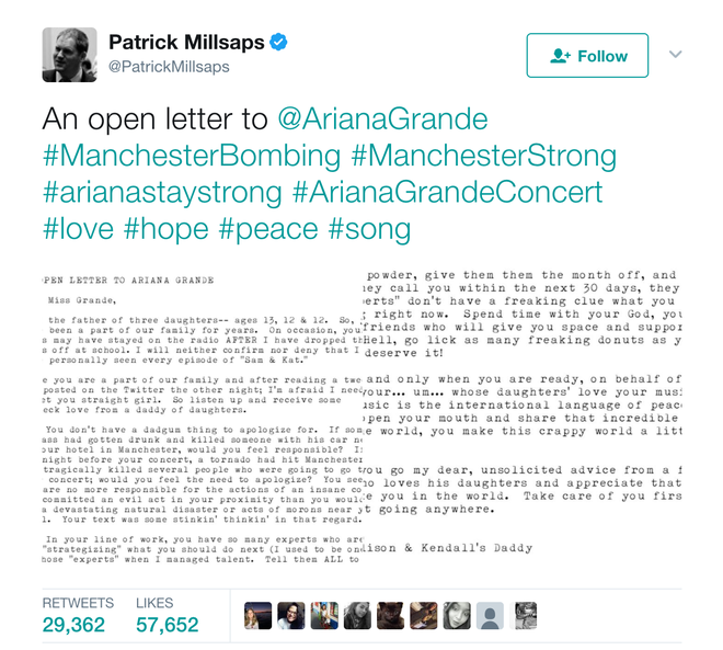 Bức thư của ông bố có 3 con gái gửi Ariana Grande gây bão cộng đồng mạng sau vụ tấn công Manchester - Ảnh 1.