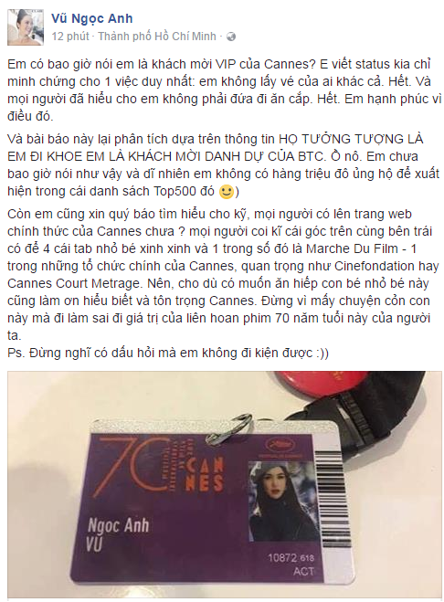 Vũ Ngọc Anh lên tiếng về việc lấy trộm vé tại Cannes: Tôi không phải đứa đi ăn cắp! - Ảnh 1.