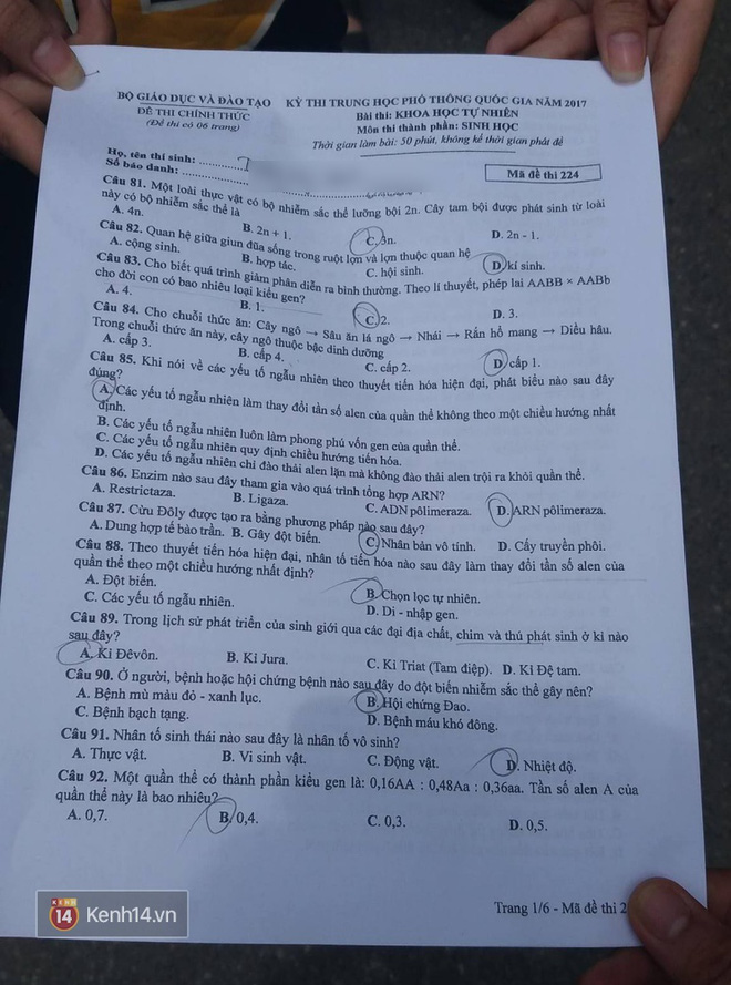 Đề thi môn Sinh học kỳ thi tốt nghiệp THPT quốc gia 2017 - Ảnh 1.