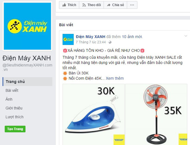  Giả mạo fanpage Điện máy Xanh bán hàng giá rẻ giật mình  - Ảnh 1.