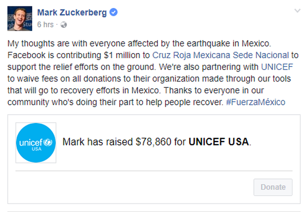 Đau buồn khi biết tin gần 300 người thiệt mạng vì động đất ở Mexico, ông chủ Facebook Mark Zuckerberg đã hành động ngay lập tức - Ảnh 1.