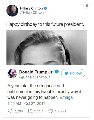 Con trai ông Trump bỡn cợt bà Clinton ngay dịp sinh nhật - Ảnh 1.