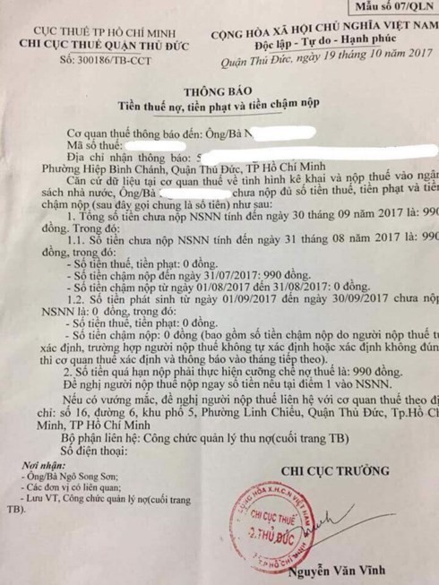 Một người dân ở TPHCM bị cưỡng chế nợ thuế… 990 đồng  - Ảnh 1.