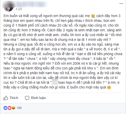 Cùng nhau ngủ qua đêm, thức dậy, cô nàng sốc vì bạn trai về trước, quỵt cả tiền nhà nghỉ - Ảnh 1.