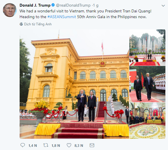 Tổng thống Trump đăng ảnh thăm chính thức Việt Nam, cảm ơn Chủ tịch nước Trần Đại Quang - Ảnh 1.