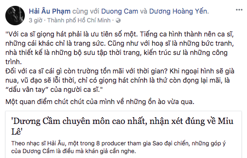 Nhạc sĩ Hải Âu viết status bênh quan điểm của Dương Cầm, Diva Mỹ Linh bất ngờ vào bình luận: “Miu Lê hát hay đấy” - Ảnh 1.