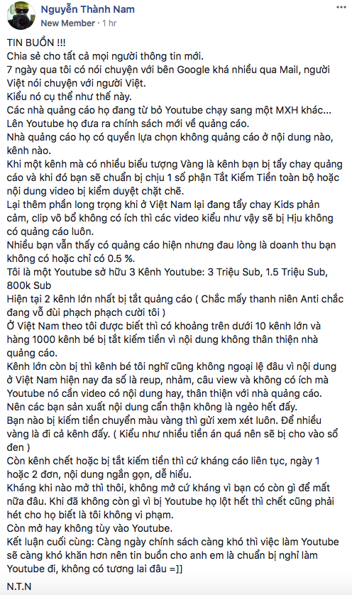 Youtube thắt chặt chính sách quảng cáo, Youtuber hàng đầu Việt Nam khuyên mọi người nghỉ làm Youtube - Ảnh 2.