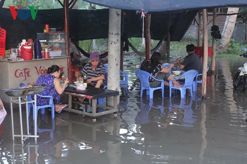 Vỡ đê bao cồn Thành Long, dân đi xuồng trong nhà - Ảnh 1.