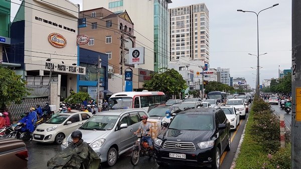 Cây xanh ngã đè ô tô, đường Sài Gòn ùn tắc trong cơn mưa chiều - Ảnh 2.