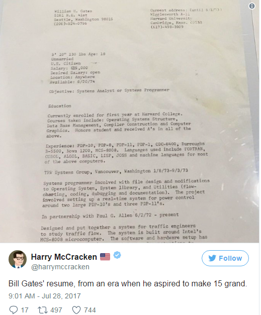  Đây là CV của Bill Gates từ năm 1974, nhìn mức thu nhập ở năm nhất Đại học là hiểu vì sao ông có thể trở thành tỷ phú sớm như vậy  - Ảnh 3.