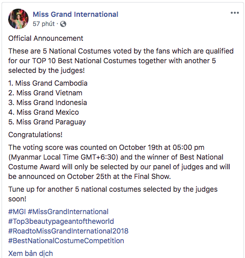 Chính thức: Phương Nga đứng thứ 2 trong 5 bộ trang phục dân tộc được bình chọn nhiều nhất tại Miss Grand International 2018 - Ảnh 1.