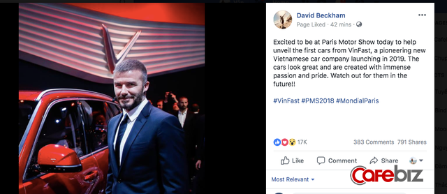 David Beckham vừa đích thân đăng dòng cảm nhận đầu tiên về xe Vinfast trên trang fanpage hơn 50 triệu lượt thích  - Ảnh 1.