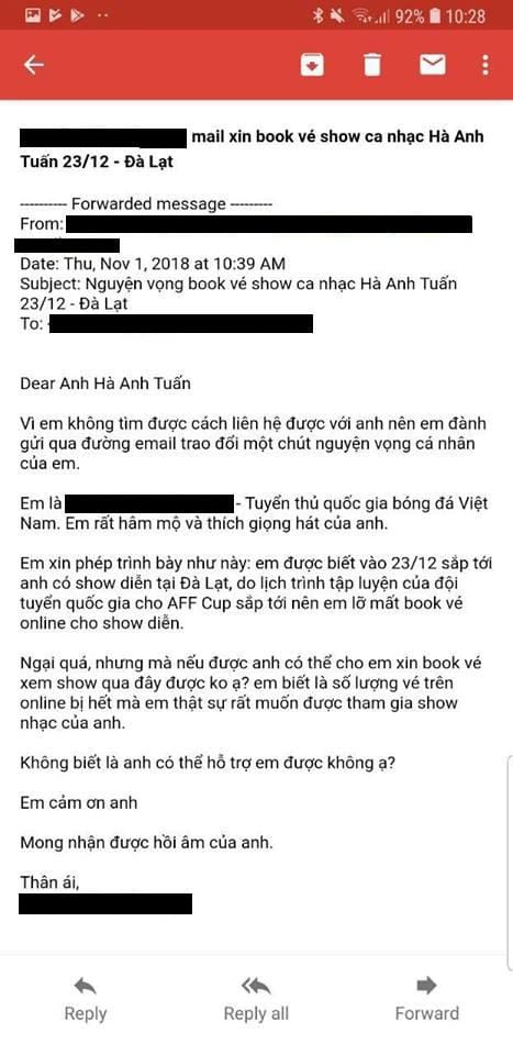 Viết email cho Hà Anh Tuấn xin hỗ trợ vé xem show, cầu thủ giấu mặt đang được truy lùng - Ảnh 2.