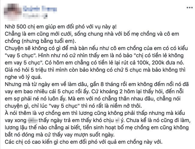 Chị dâu lên mạng cầu cứu vì bó tay với cô em chồng cứ hễ nhìn thấy mặt là: Chị cho em vay 5 chục - Ảnh 1.