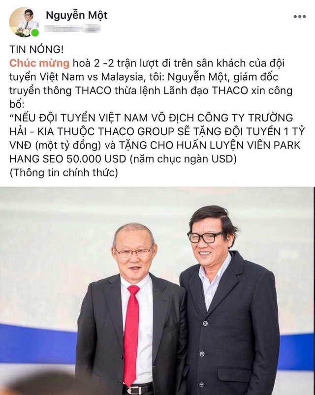 THACO hứa tặng 1 tỷ đồng cho đội bóng và 50.000 USD cho HLV Park Hang-seo nếu tuyển Việt Nam vô địch AFF Cup 2018 - Ảnh 1. THACO hứa tặng 1 tỷ đồng cho đội bóng và 50.000 USD cho HLV Park Hang-seo nếu tuyển Việt Nam vô địch AFF Cup 2018 - Ảnh 1.