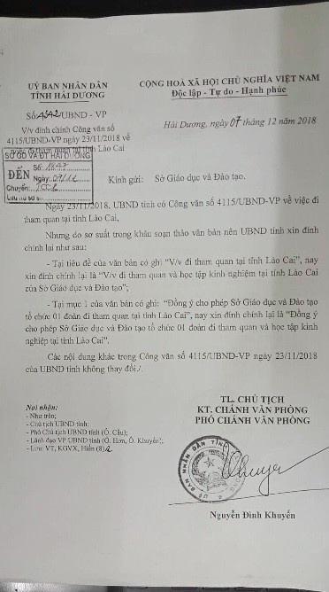 Đồng ý cho cán bộ Sở GD&ĐT Hải Dương tham quan trong ngày làm việc, UBND tỉnh nói do lỗi đánh máy - Ảnh 1.