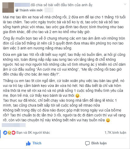 Nhìn mẹ kết hôn lần thứ 3 trong đời, chàng trai cùng 2 em thơ chùng lòng, không biết nên vui hay nên buồn - Ảnh 1.