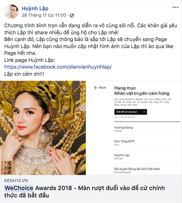 Nghệ sĩ Vbiz đồng loạt kêu gọi fan đề cử, quyết ẵm giải thưởng tại WeChoice Awards 2018 - Ảnh 1.