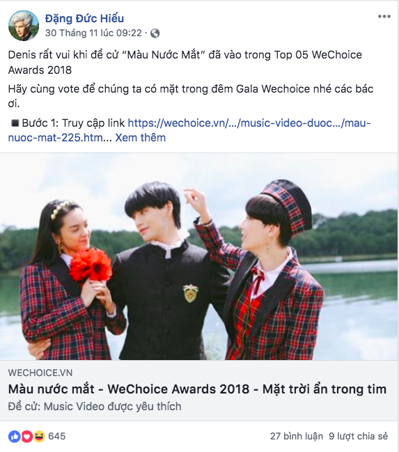 Nghệ sĩ Vbiz đồng loạt kêu gọi fan đề cử, quyết ẵm giải thưởng tại WeChoice Awards 2018 - Ảnh 6.