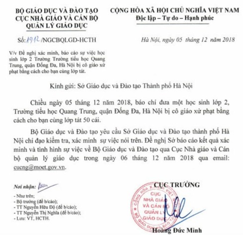 Bộ GD-ĐT lên tiếng vụ cô giáo bắt học sinh lớp 2 tát bạn 50 cái - Ảnh 1.