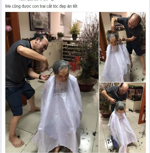 Xúc động hình ảnh người con cắt tóc cho mẹ già 95 tuổi ngày Tết - Ảnh 1.