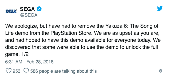 Sega dỡ bỏ bản demo tựa game được mong đợi nhất năm 2018 vì lỗi cho phép người dùng chơi bản full miễn phí - Ảnh 1.