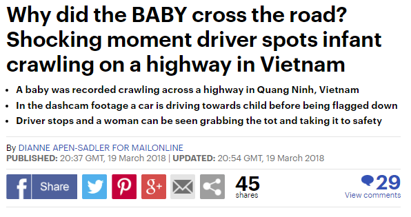 Đoạn video em bé Việt Nam tập bò giữa lòng đường khiến tài xế hoảng sợ xuất hiện trên báo nước ngoài - Ảnh 2.