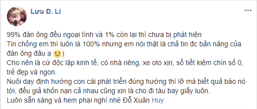 Lưu Đê Li lại gây bão với status bóng gió chuyện đàn ông ngoại tình, dạy chị em cách ứng phó khi bị cắm sừng - Ảnh 1.